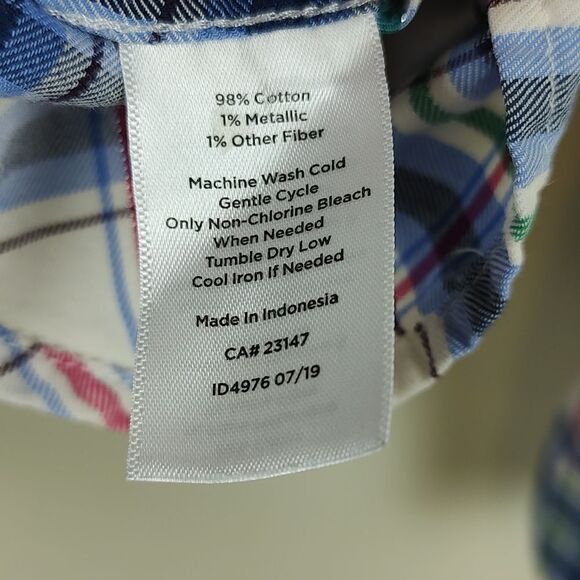 Talbot's Blue Plaid Button Front Shirt Long Sleeve Top Metallic Stripe Size LP - Picture 7 of 10